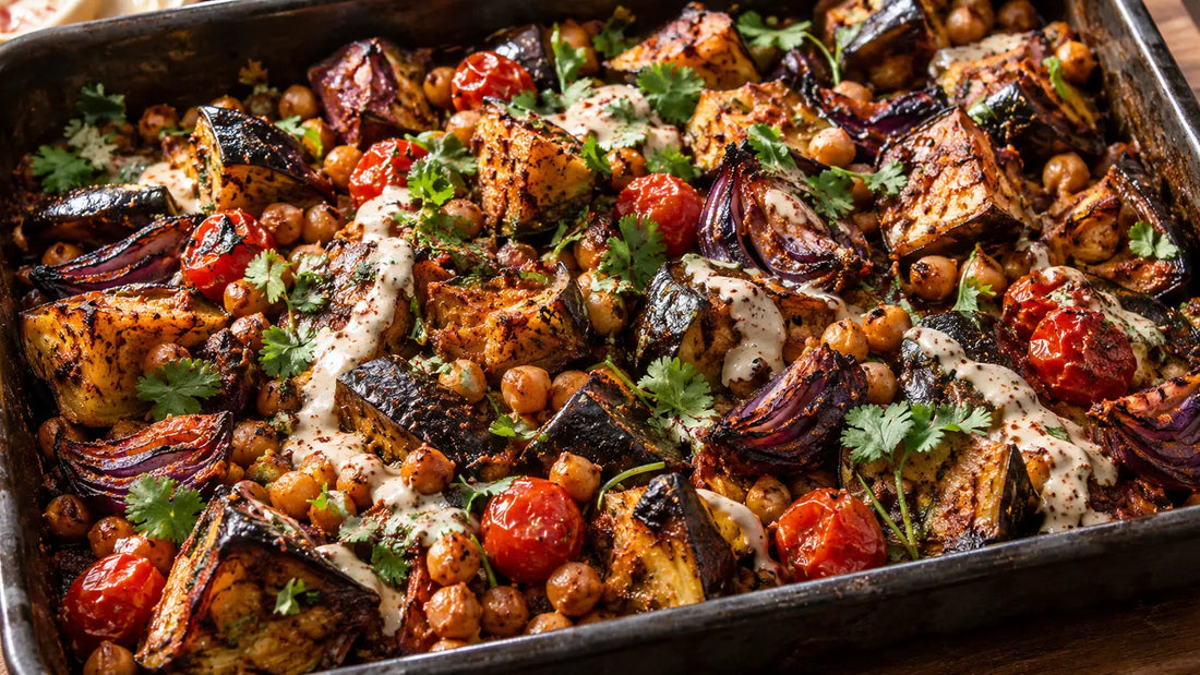 Hot Curry Powder roasted aubergine and chickpea traybake with tomatoes