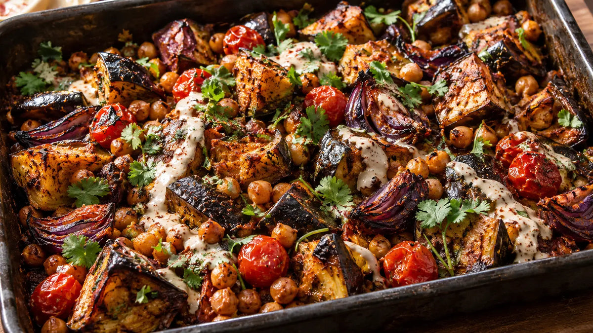 Hot Curry Powder roasted aubergine and chickpea traybake with tomatoes