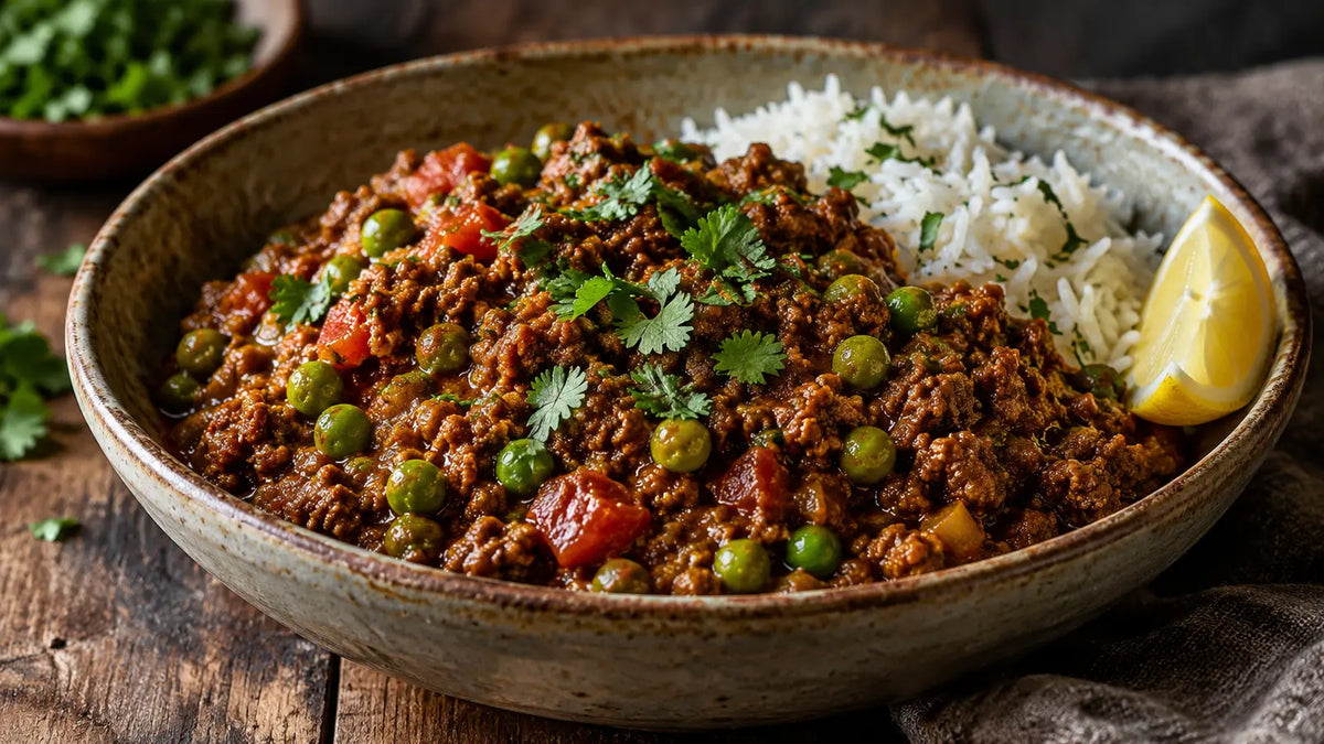 Hot Curry Powder beef keema with peas, tomato and basmati rice