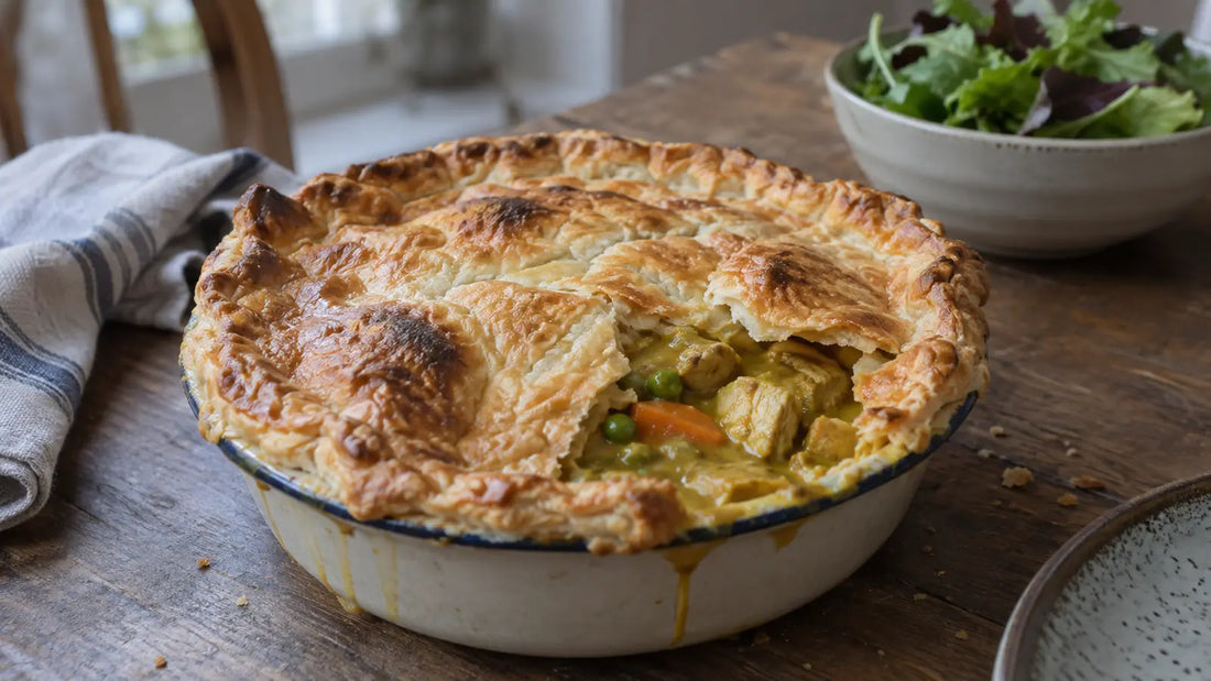 Realistic homemade hot curry chicken pot pie with uneven golden pastry, carrots and peas