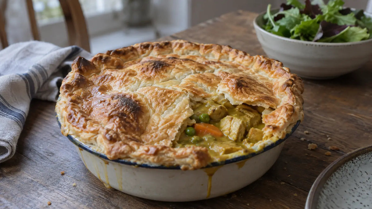 Realistic homemade hot curry chicken pot pie with uneven golden pastry, carrots and peas