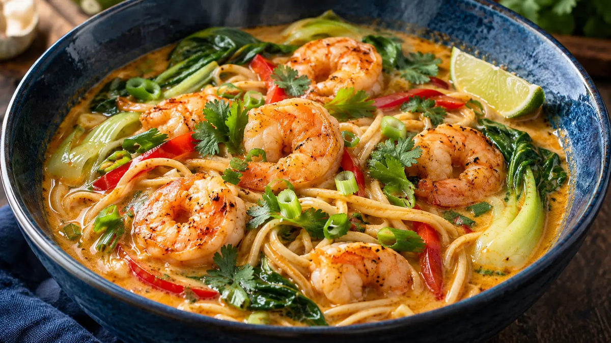 Hot Curry Powder coconut prawn noodles with pak choi and red pepper