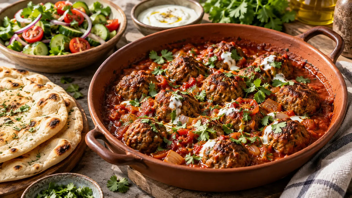 Hot curry lamb meatballs in rich tomato sauce with coriander and flatbreads