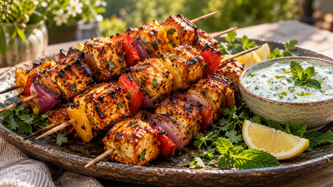 Hot Curry Powder paneer and pepper skewers with mint yoghurt
