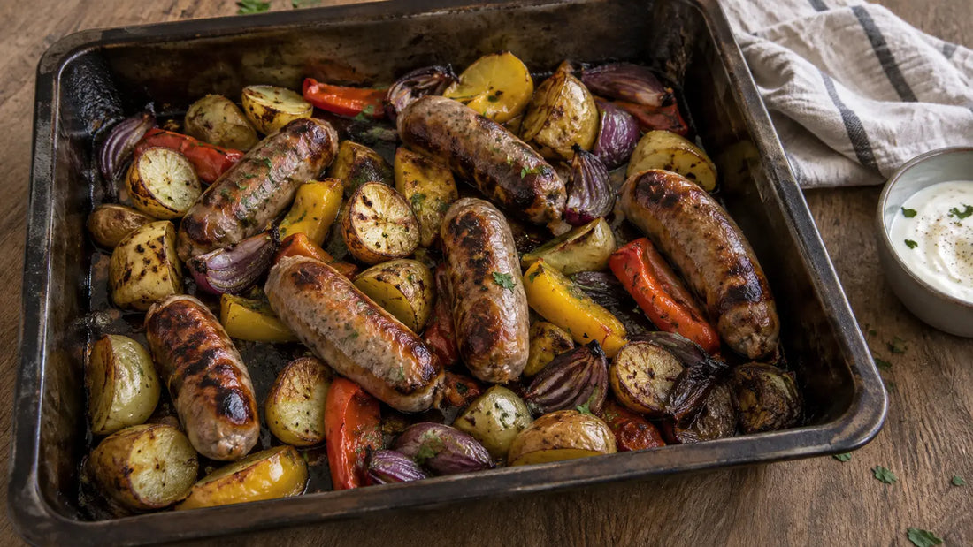 Home-cooked hot curry sausage and potato traybake with peppers and red onions