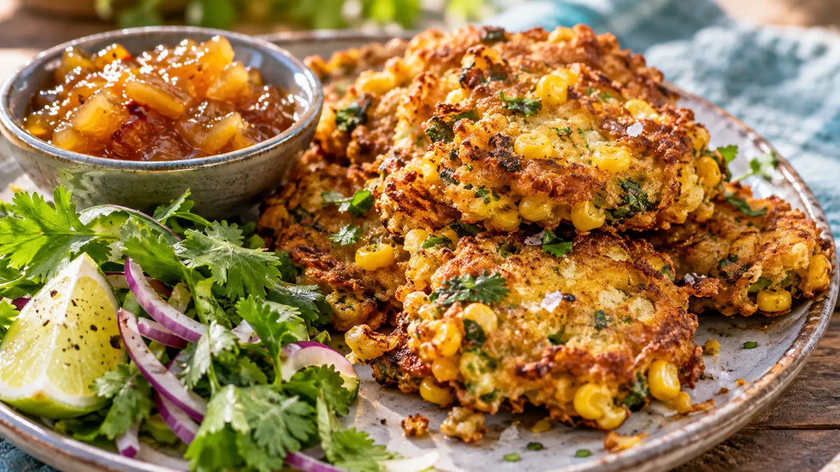 Hot Curry Powder sweetcorn fritters with mango chutney and lime salad