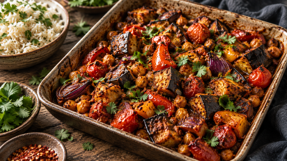 Hot Madras roasted aubergine and chickpea traybake with peppers, tomatoes and coriander.