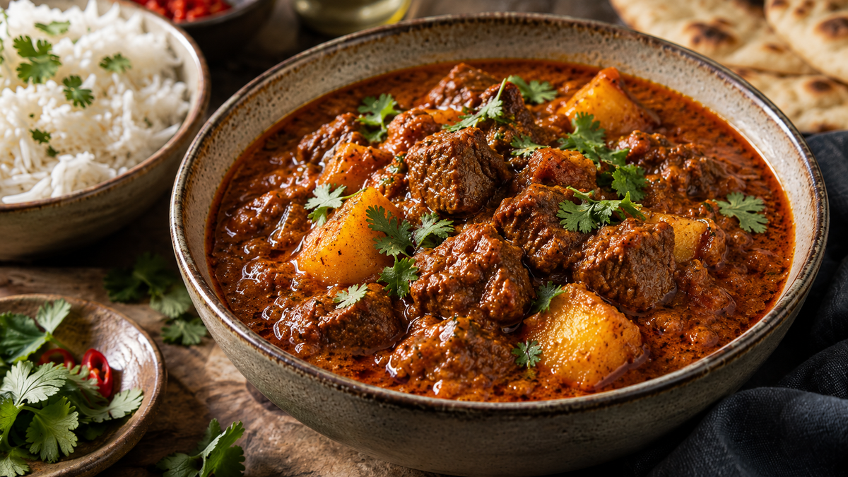 Hot Madras beef and potato curry with rich tomato sauce, coriander and basmati rice.