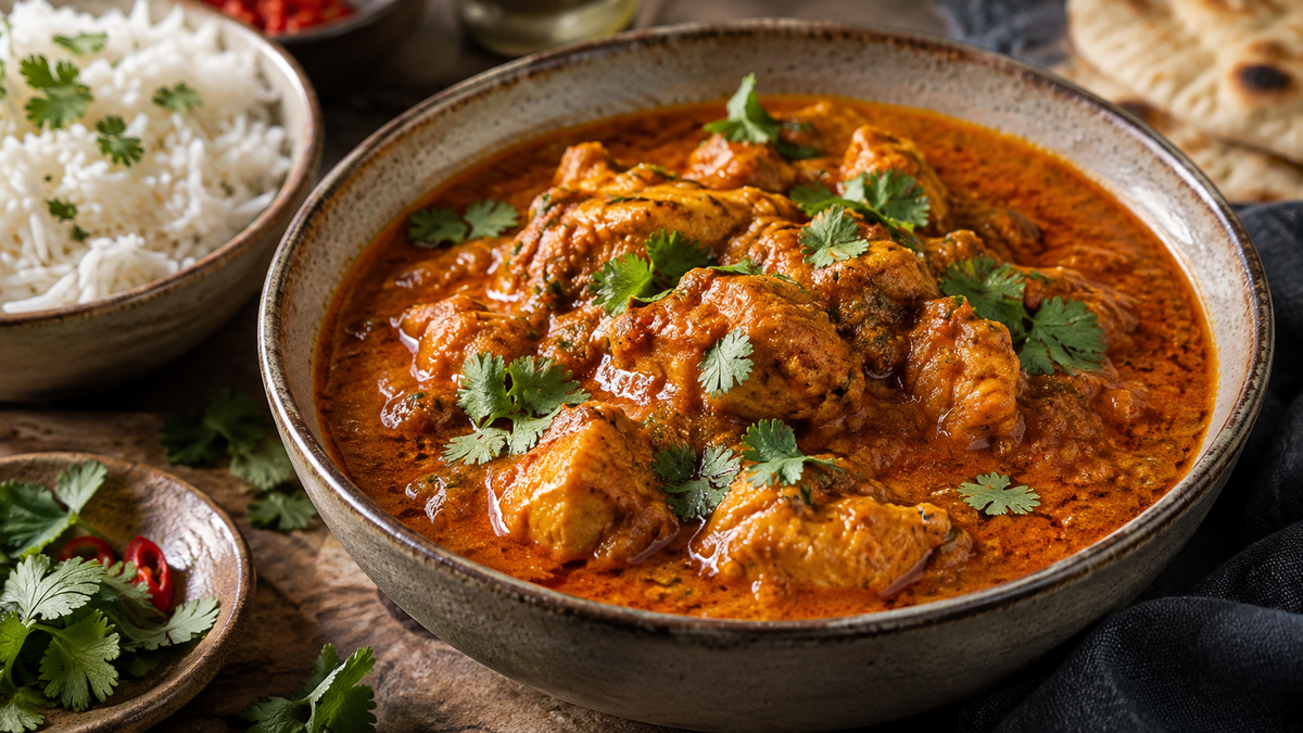 Fiery Hot Madras chicken and coconut curry served with basmati rice and naan.