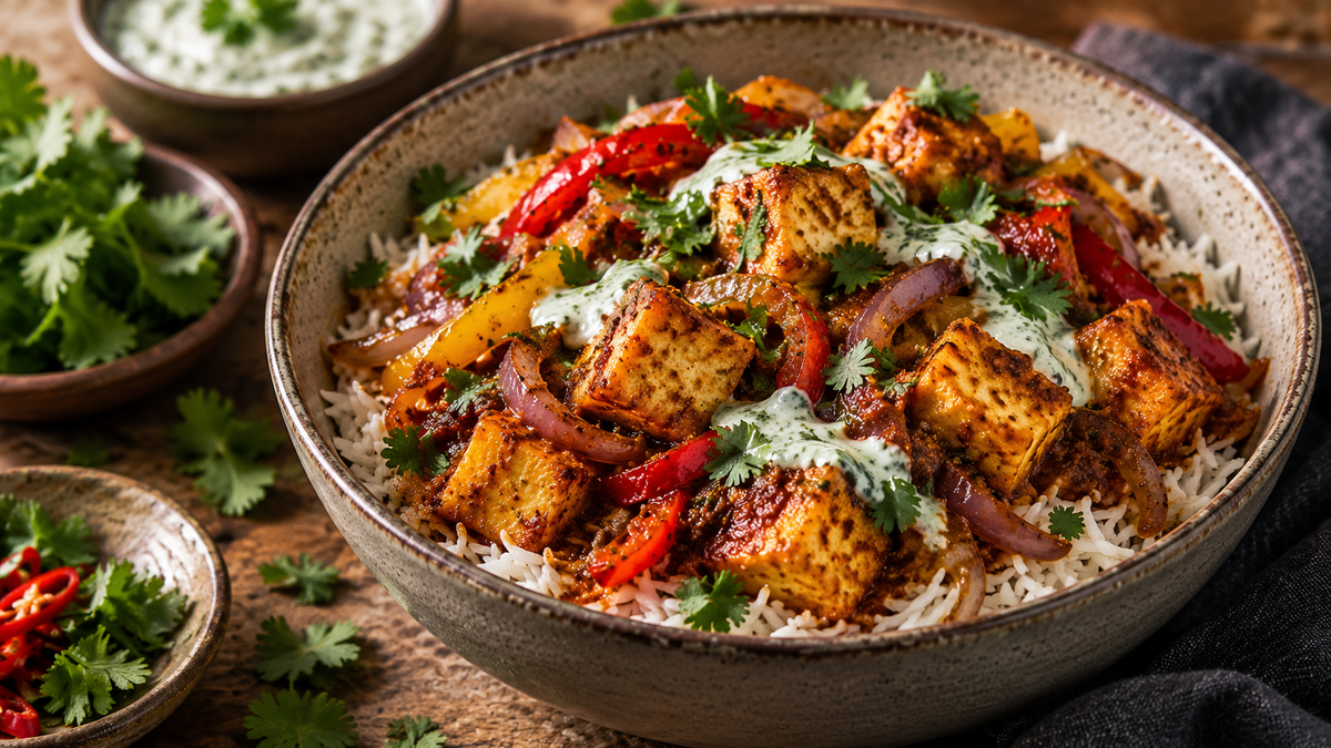 Hot Madras paneer and pepper rice bowl with basmati rice, mint yoghurt and coriander.