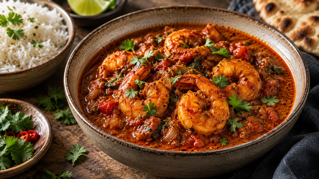 Hot Madras prawn and tomato curry with king prawns, coriander, rice and naan.