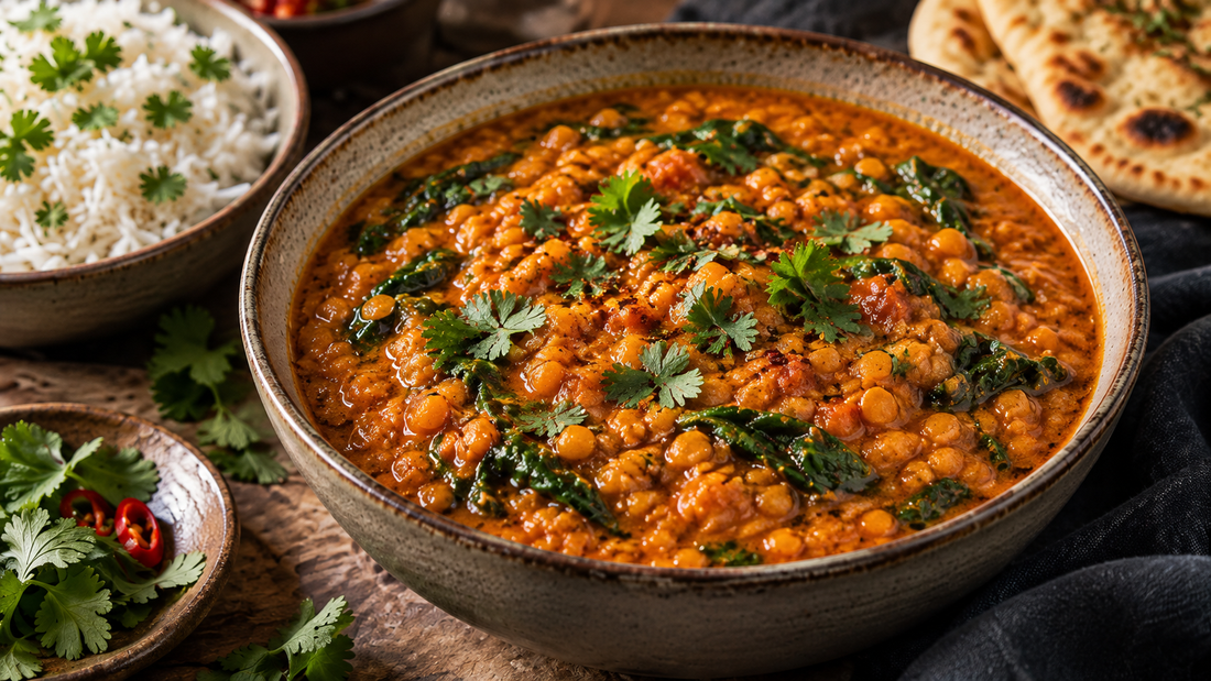 Hot Madras red lentil and spinach dal with coriander, basmati rice and naan.
