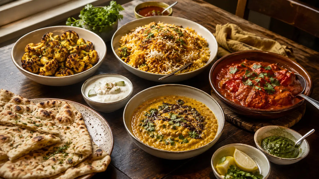 A generous Indian sharing feast with biryani, curry, dal, roasted cauliflower, naan, chutney and yoghurt.