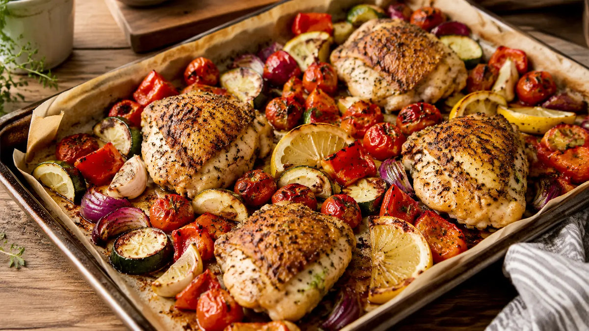 Italian herb chicken and tomato traybake with courgette, peppers, red onion, garlic and roasted lemon.
