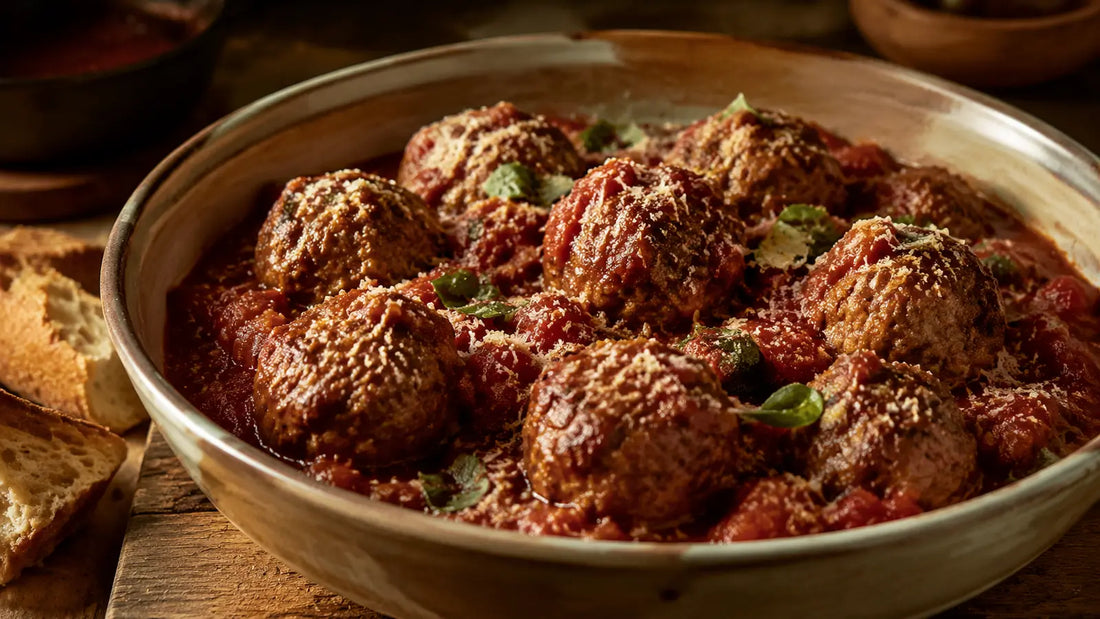 Italian herb meatballs served in rich tomato sauce with parmesan, basil and crusty bread.