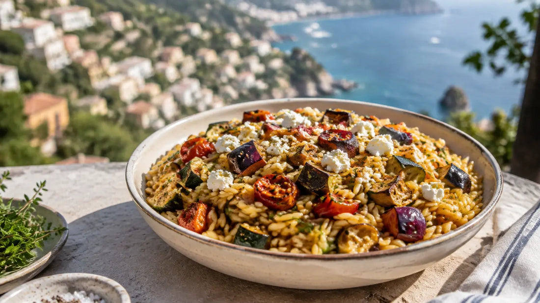 Italian roasted vegetable orzo with courgette, aubergine, tomatoes and feta overlooking a sunny Italian coastline.