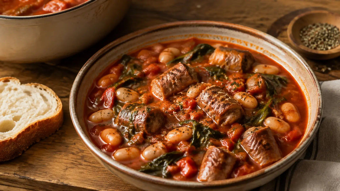 Italian sausage and butter bean stew with tomatoes, spinach and fragrant Italian herbs, served with crusty bread.
