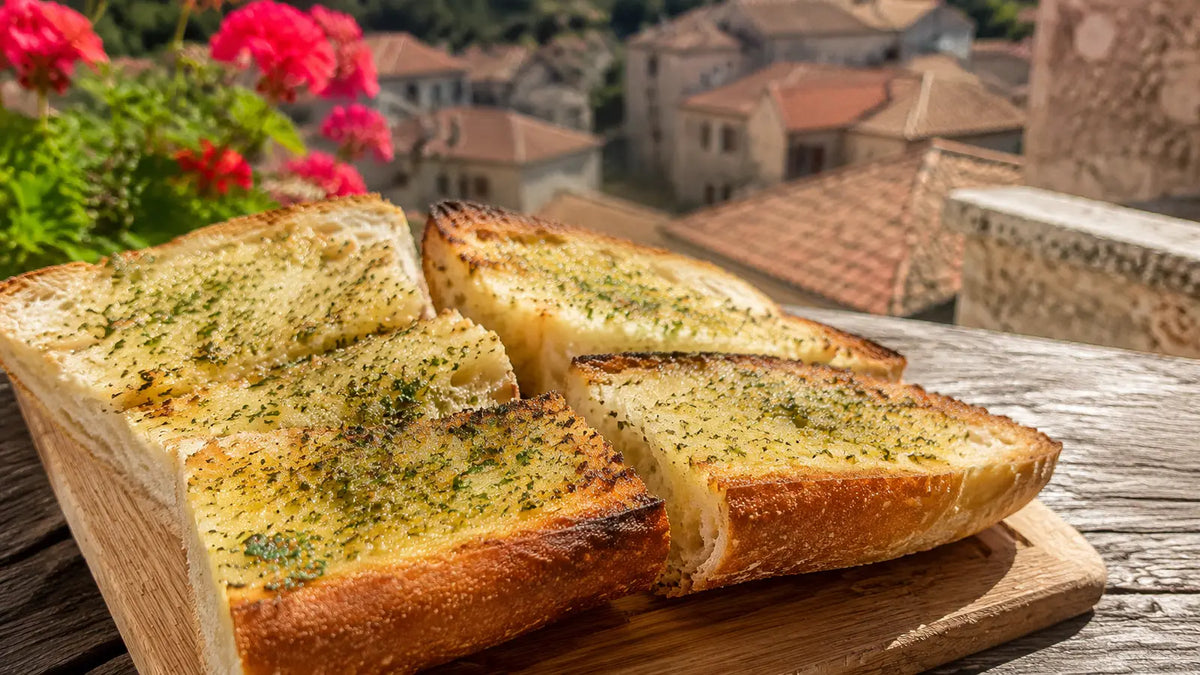 Golden Italian Seasoning garlic bread served outdoors on a sunny terrace overlooking an Italian village.