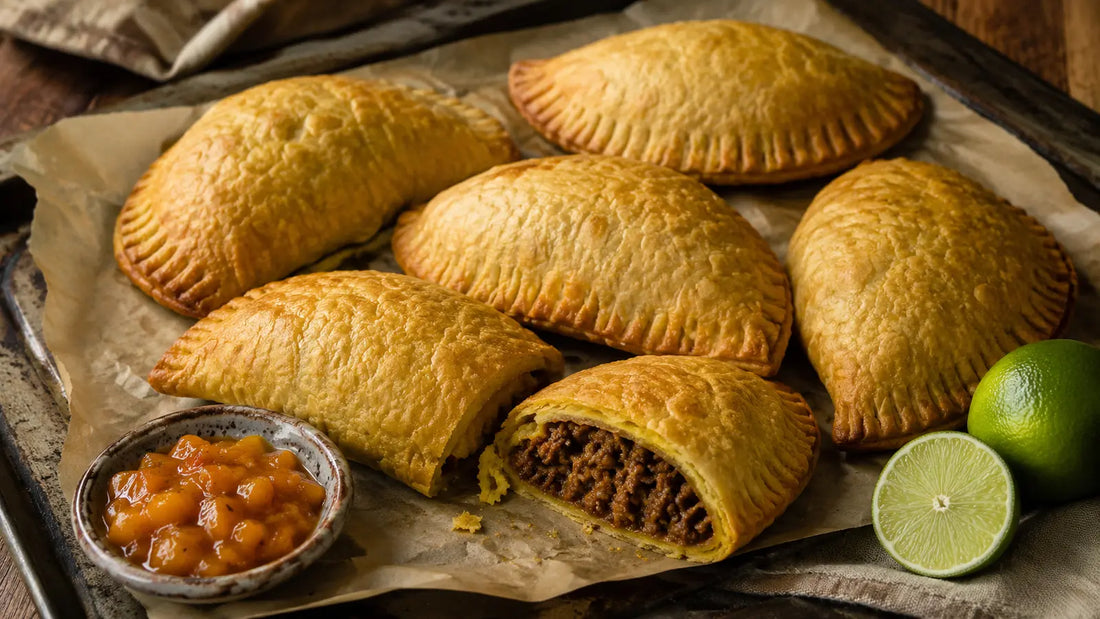 Golden homemade Jamaican beef patties with crisp crimped pastry and warmly spiced minced beef filling served with mango chutney.