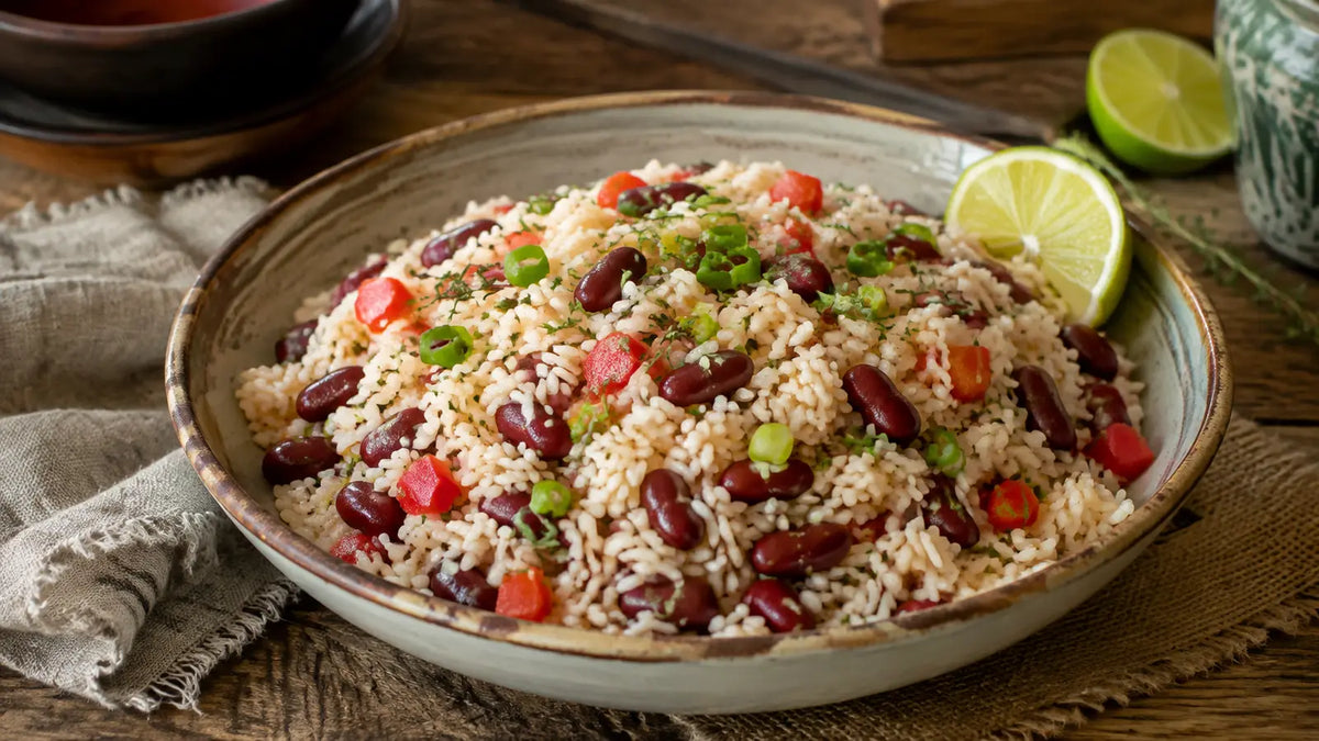 Jamaican coconut rice and kidney beans with red pepper, spring onions, fresh herbs and lime served in a rustic ceramic bowl.