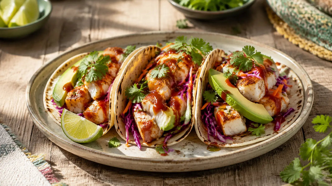 Jamaican All Purpose fish tacos filled with flaky spiced white fish, crunchy lime slaw, avocado and fresh coriander.