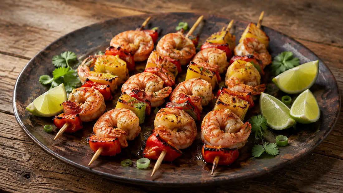 Grilled Jamaican All Purpose prawn and pineapple skewers with red pepper, fresh lime and coriander on a rustic platter.