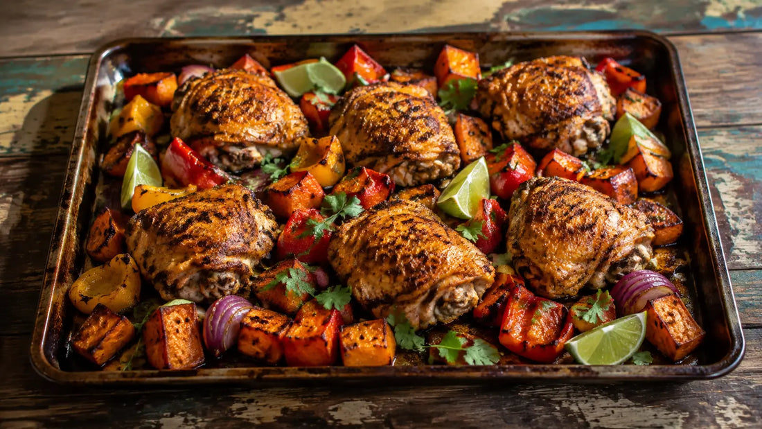 Jamaican All Purpose roast chicken thighs with caramelised sweet potatoes, peppers, red onion and fresh lime on a rustic roasting tray.