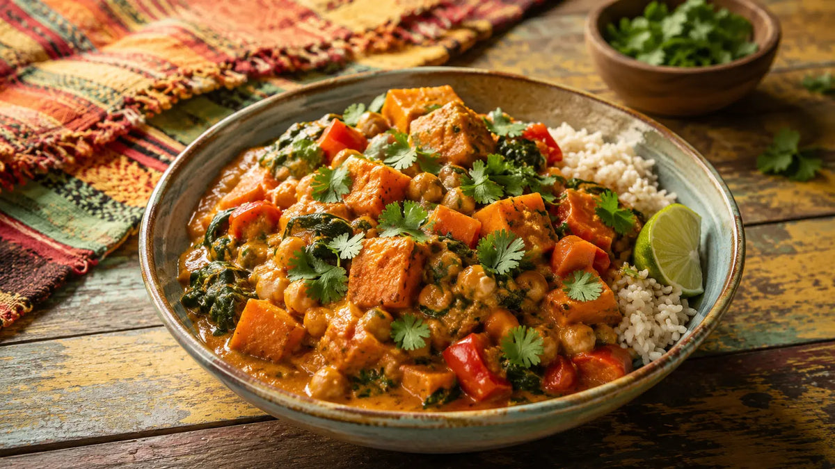 Jamaican All Purpose vegetable and chickpea curry with sweet potato, peppers and spinach in a creamy coconut sauce.