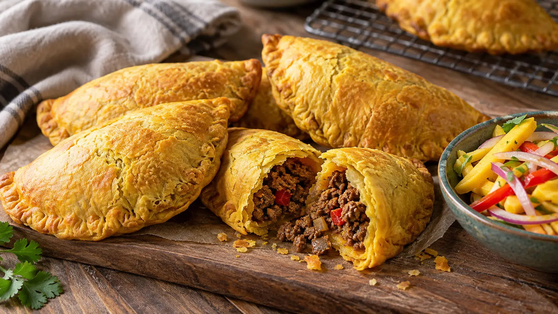 Homemade Jamaican-style golden beef patties with spiced minced beef filling and fresh mango slaw.