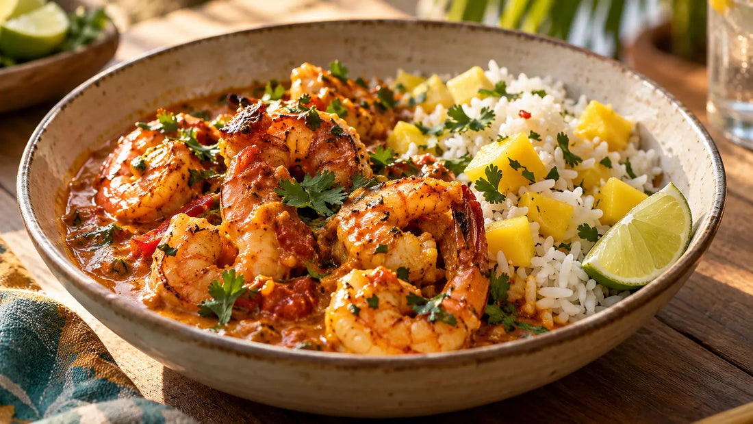 Jammin Jamaican spiced prawns in a creamy coconut and tomato sauce served with mango rice and lime.