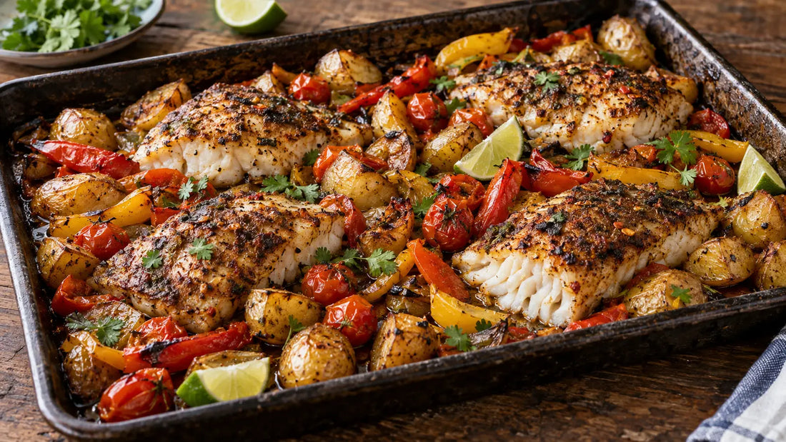 Jammin Jamaican white fish traybake with roasted peppers, cherry tomatoes, baby potatoes and fresh lime.