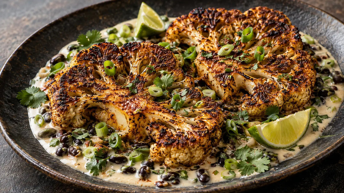 Jerk cauliflower steaks with coconut lime sauce, black beans and spring onion