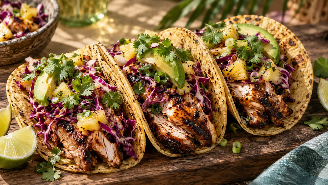 Jerk chicken tacos with pineapple slaw, avocado, coriander and lime
