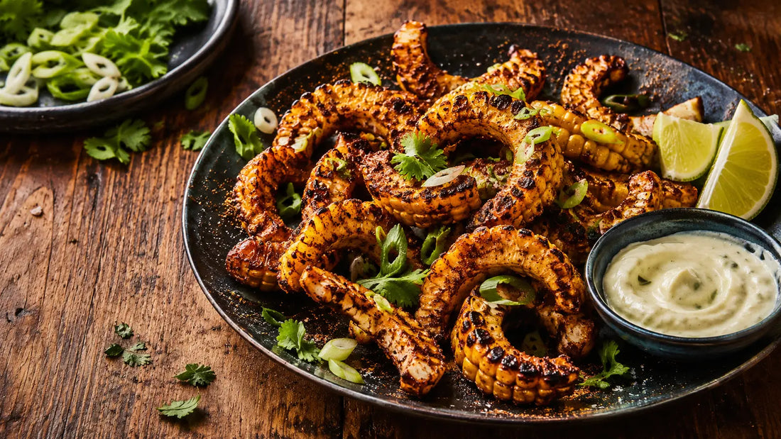 Charred jerk corn ribs with spring onions, coriander, fresh lime wedges and a cooling bowl of lime mayonnaise.