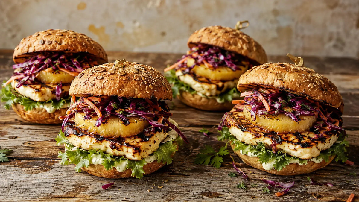 Jerk halloumi and grilled pineapple burgers with crunchy purple cabbage slaw, lettuce and lime mayonnaise.