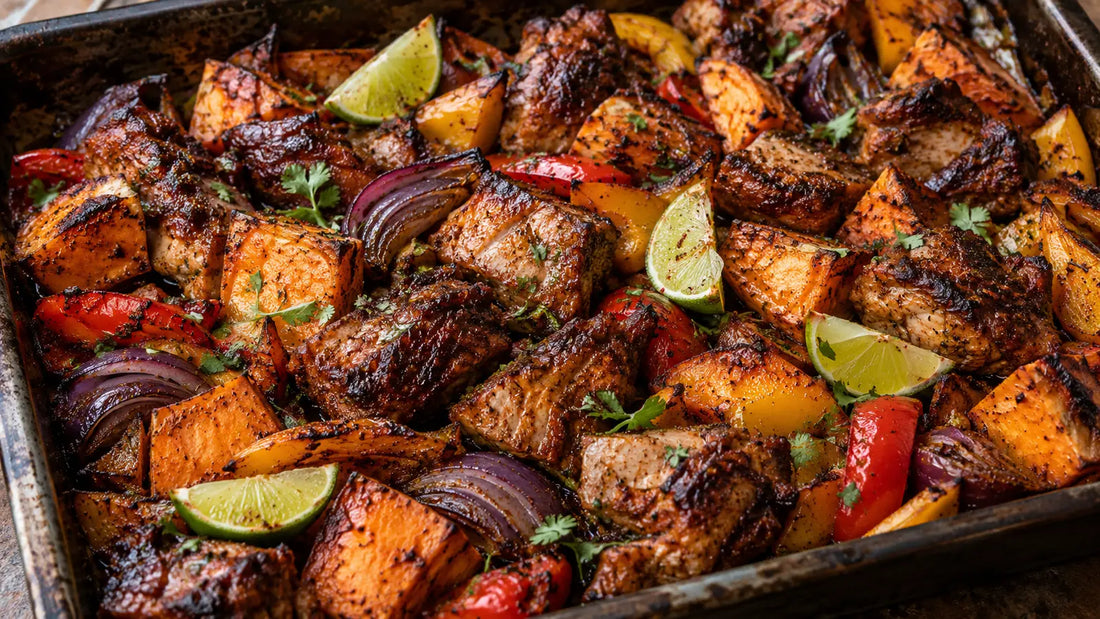 Jerk pork and sweet potato traybake with peppers, red onion and lime