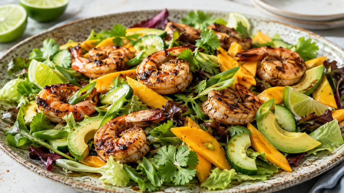 Jerk prawn and mango salad with avocado, cucumber, mixed leaves, spring onions, lime and fresh coriander.