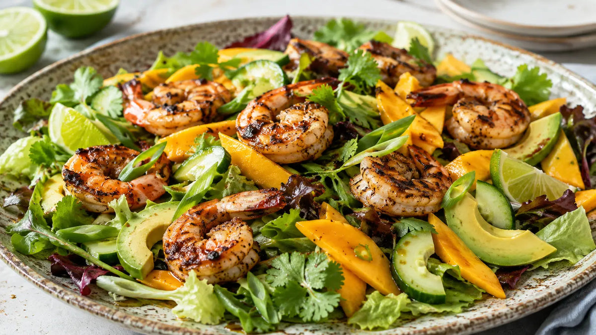 Jerk prawn and mango salad with avocado, cucumber, mixed leaves, spring onions, lime and fresh coriander.