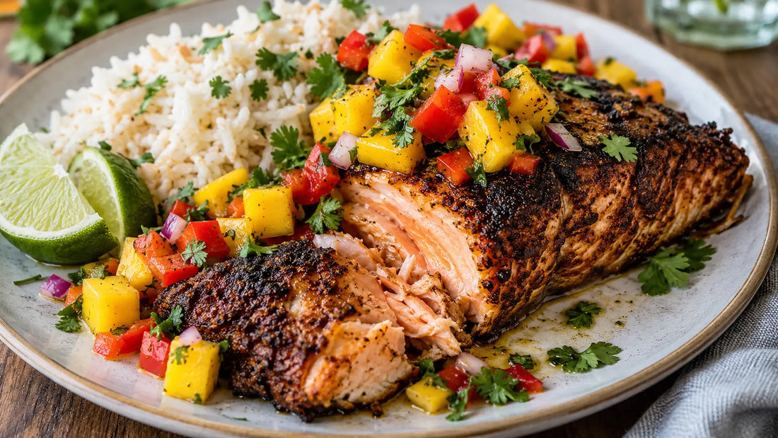 Jerk salmon with mango and lime salsa served with coconut rice