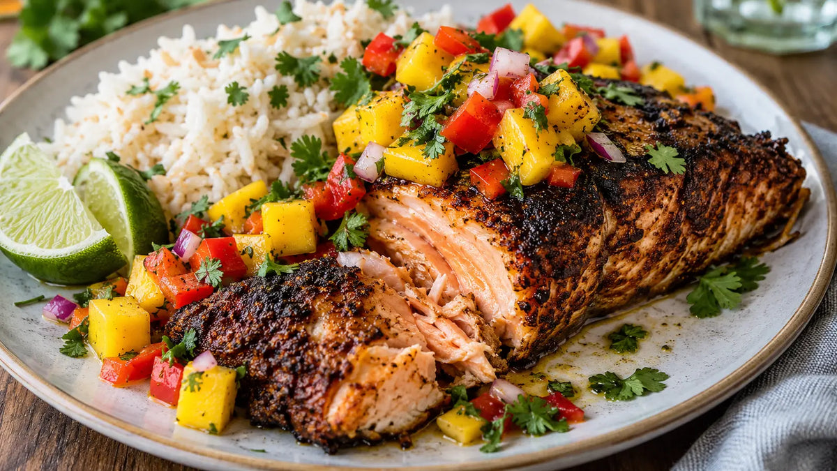 Jerk salmon with mango and lime salsa served with coconut rice