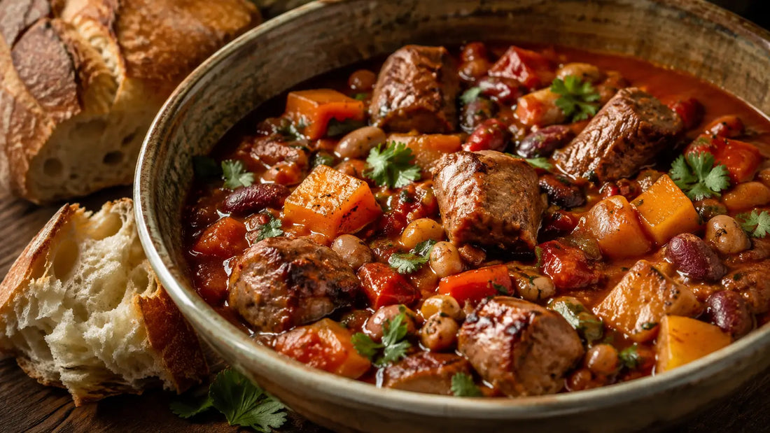 Jerk sausage and bean stew with sweet potato and peppers in a rich tomato sauce served with crusty bread.