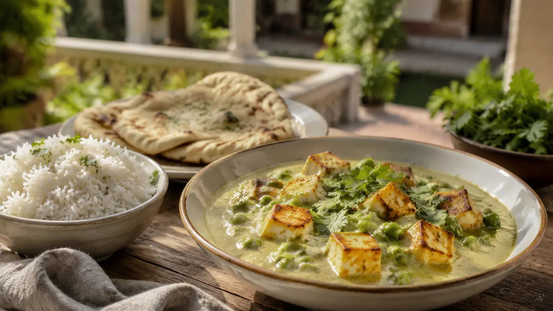 Paneer and pea korma with golden paneer cubes in a mild coconut sauce, served with rice and naan.