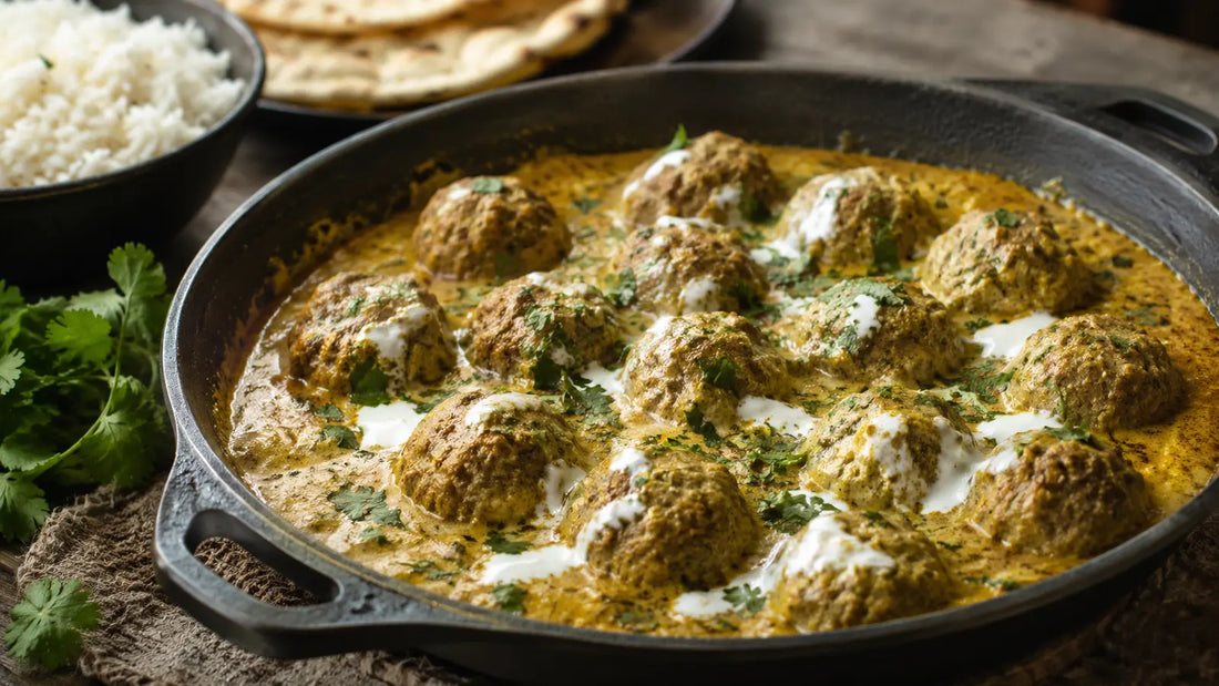 Korma-spiced lamb meatballs in a creamy golden sauce with coriander, yoghurt, flatbread and rice.