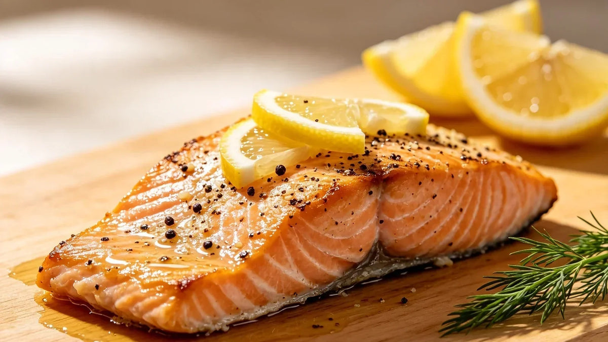 Homemade Lemon Pepper Baked Salmon seasoned with Spice & Dipity Lemon Pepper Seasoning, served with fresh lemon slices and dill.