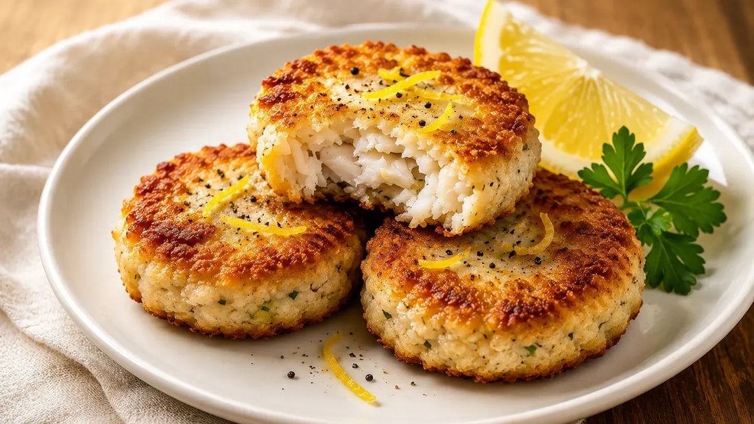Homemade Lemon Pepper Fishcakes using Spice & Dipity Lemon Pepper Seasoning, served with fresh lemon wedges and parsley.