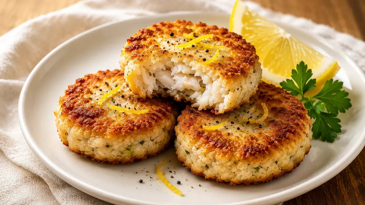 Homemade Lemon Pepper Fishcakes using Spice & Dipity Lemon Pepper Seasoning, served with fresh lemon wedges and parsley.
