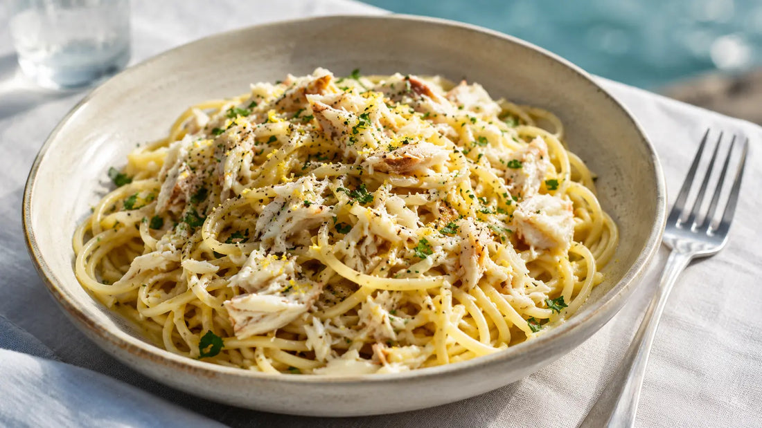 Lemon pepper and garlic crab linguine finished with parsley, lemon zest and cracked black pepper beside the sea.