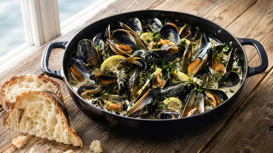 Lemon pepper and garlic mussels in a creamy white wine broth served in a dark pot with lemon and crusty bread.