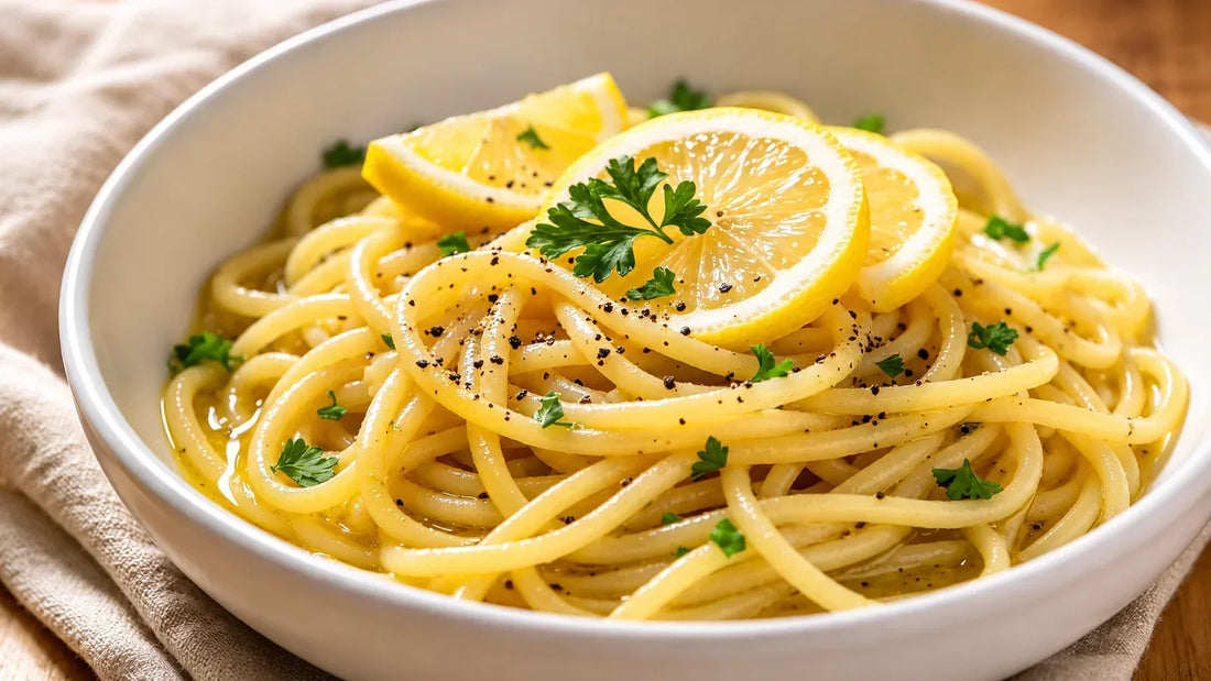 Lemon Pepper Pasta served in a white bowl with fresh lemon slices, parsley and cracked black pepper.