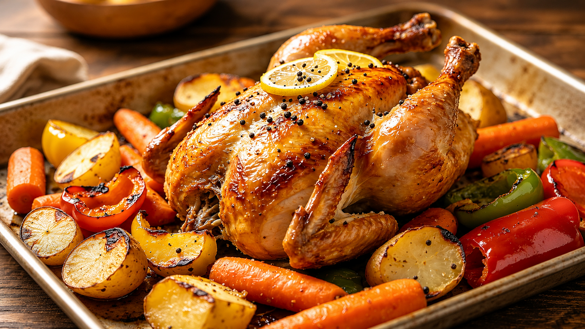 Homemade Lemon Pepper Roast Chicken with roasted potatoes, carrots and peppers, seasoned with Spice & Dipity Lemon Pepper Seasoning and garnished with fresh lemon.